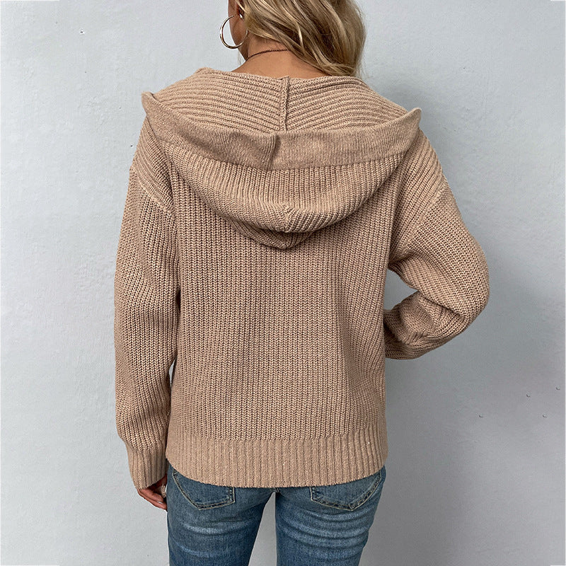 Women's Solid Hooded Zip Knit Sweater