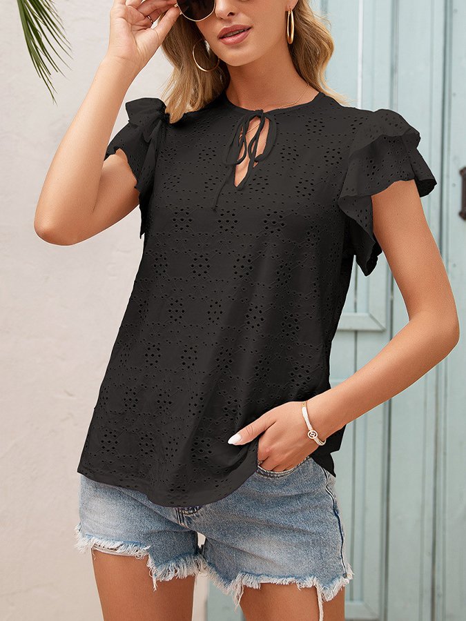 Women's Hollow Lace Up Round Neck Ruffle Sleeve T-shirt