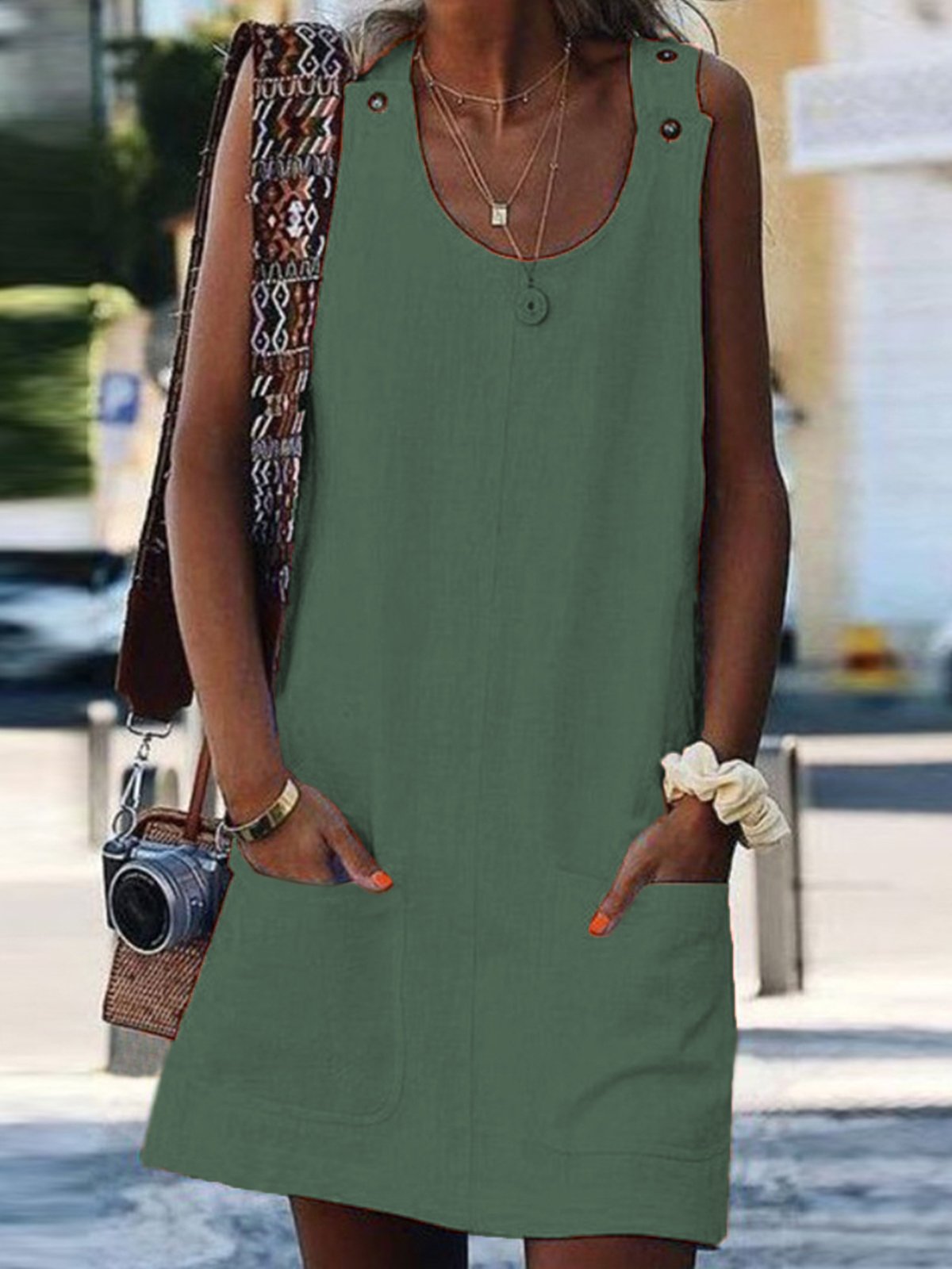 Women's Pure Color Strap Cotton Linen Dress