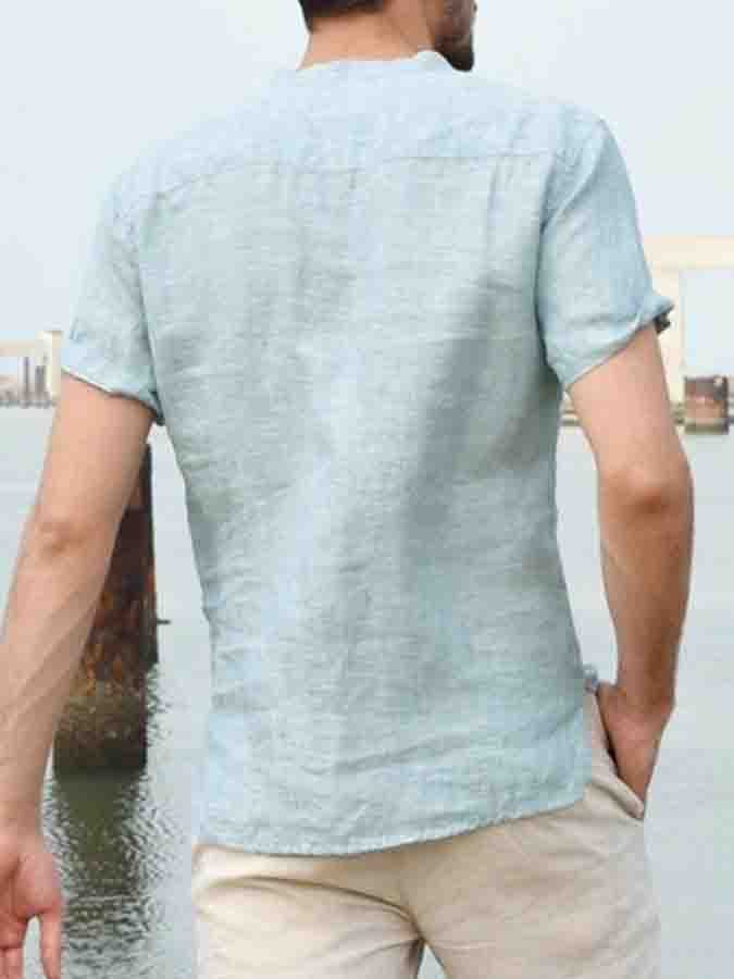 Men's Stand Collar Cotton Linen Short Sleeve Shirt
