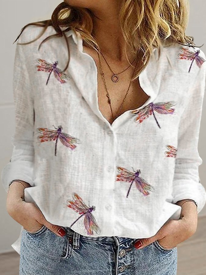 Women's Long Sleeved Lapel Printed Single Breasted Shirt