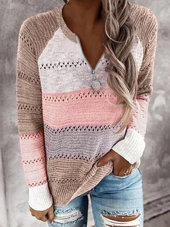 Color Blocking Long Sleeve Shift Casual Sweater with zipper