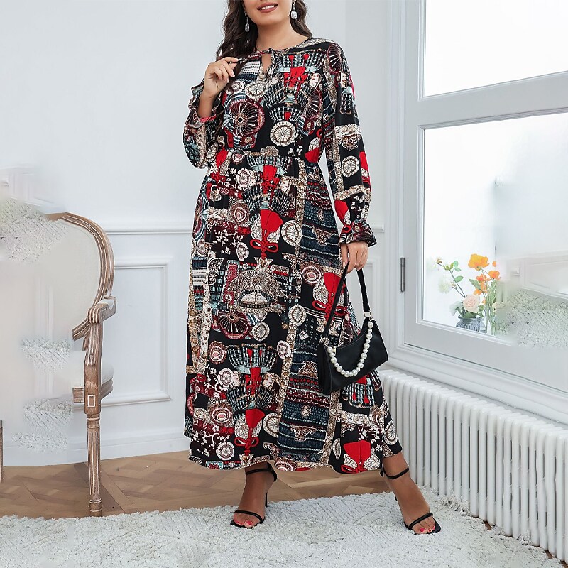 Women's Plus Size A Line Dress Print Crew Neck Long Sleeve Fall Winter Stylish Casual Maxi long Dress Date Vacation Dress