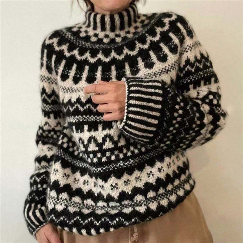 Vintage Geometric Jacquard Turtleneck Sweater