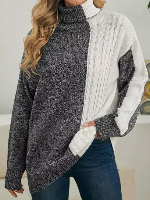 High Neckline Color Block Loose Regular Sweater Shift Sweaters