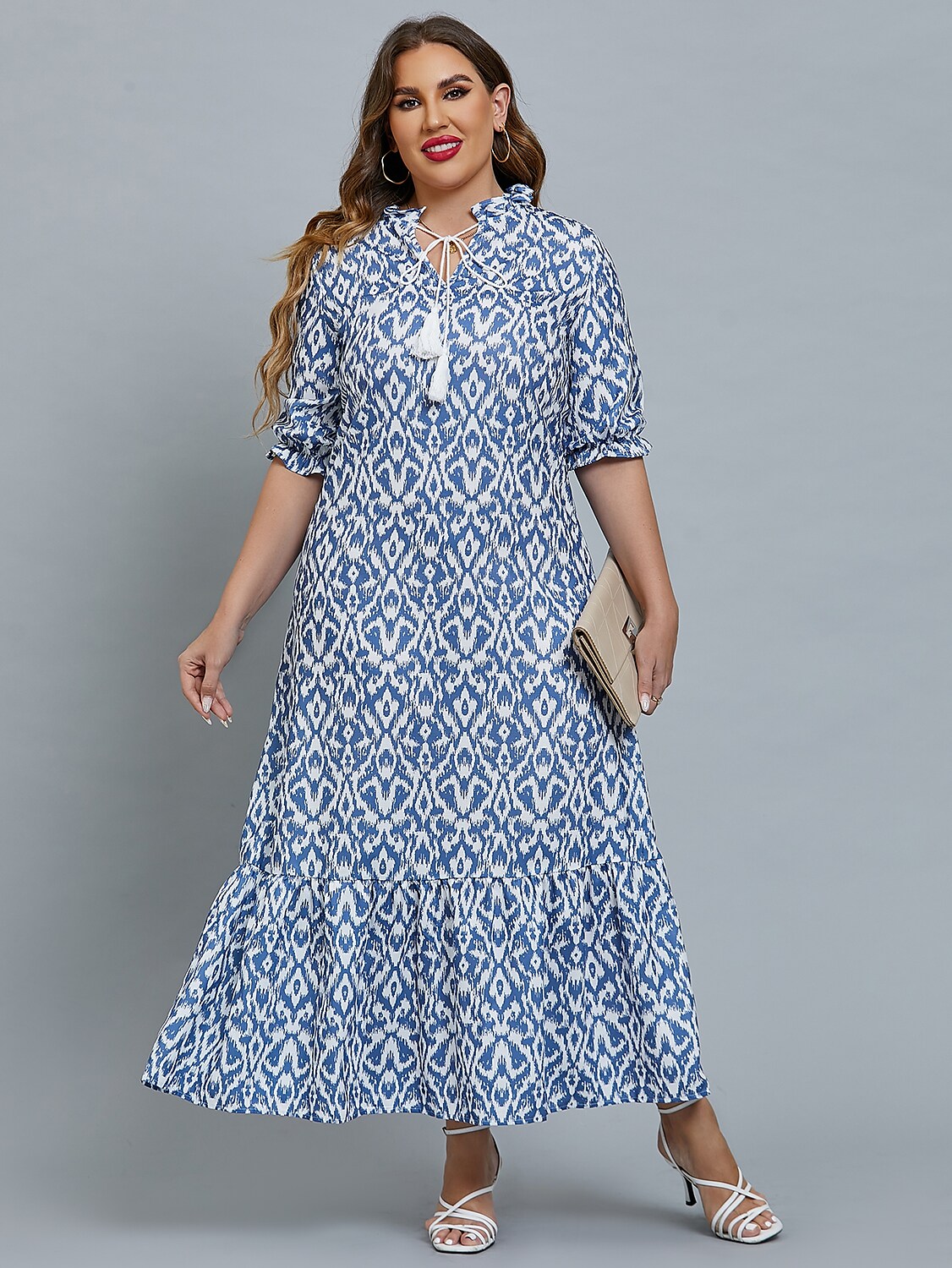 Women's Plus Size Curve A Line Dress Print V Neck Print Half Sleeve Spring Summer Basic Casual Maxi long Dress Daily Date Dress