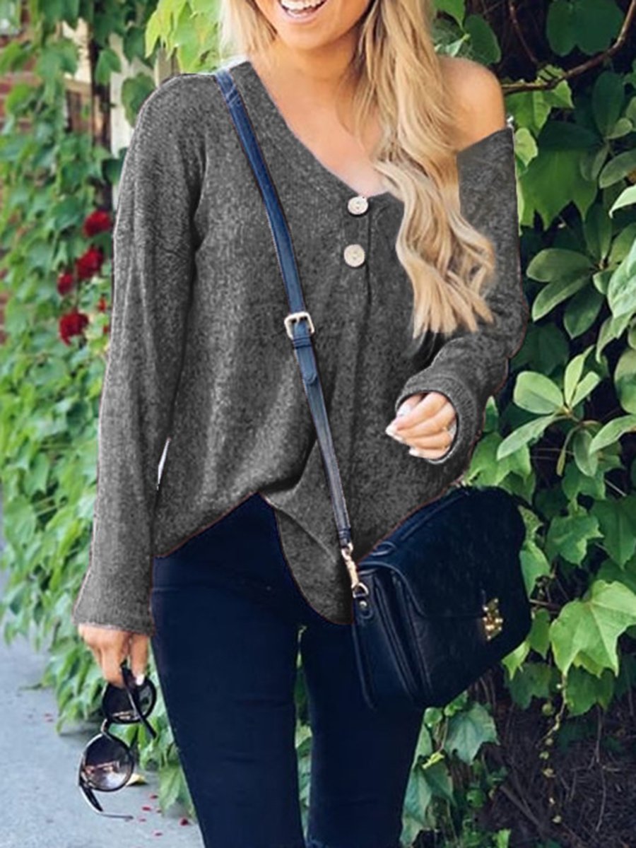 Buttoned V-neck Loose Knit Sweater