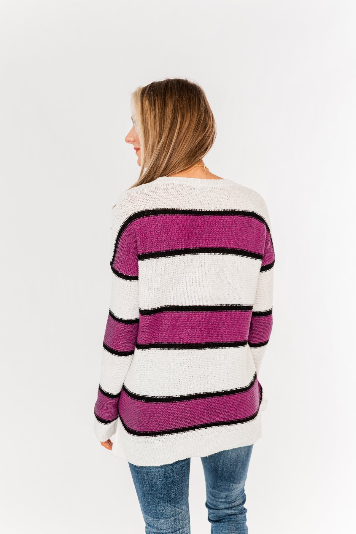 Oh So Soft Striped Knit Sweater- Magenta