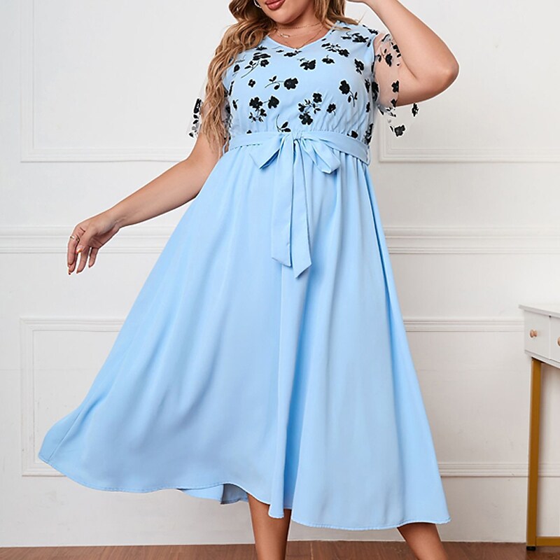 Women's Plus Size Casual Dress Floral V Neck Short Sleeve Fall Winter Casual Midi Dress Causal Daily Dress