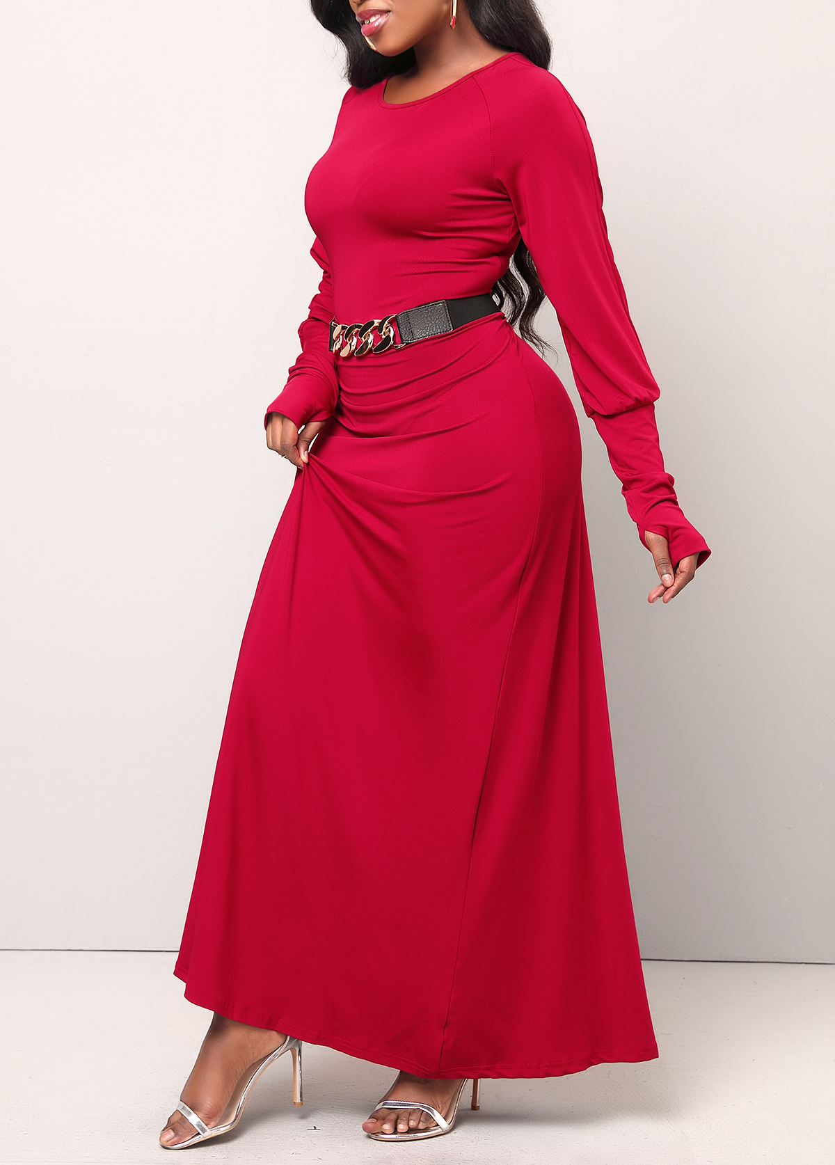 Wine Red Round Neck Long Sleeve Maxi Dress