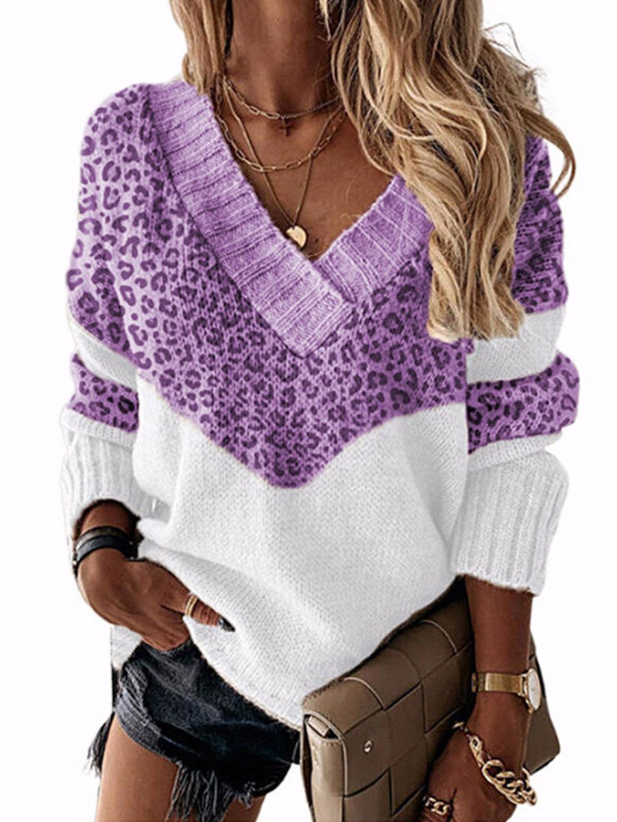 Leopard Color Block V-Neck Sweater