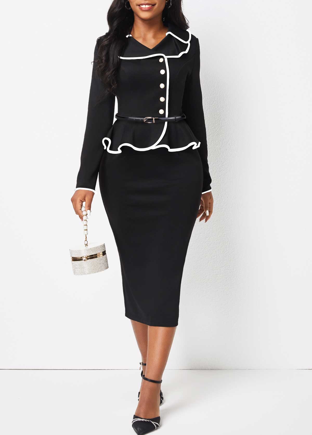 Turn Down Collar Black Long Sleeve Bodycon Dress