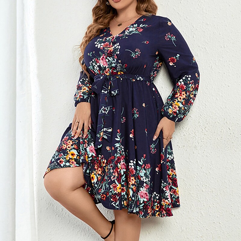 Women's Plus Size Casual Dress Floral V Neck Long Sleeve Fall Winter Casual Knee Length Dress Causal Daily Dress