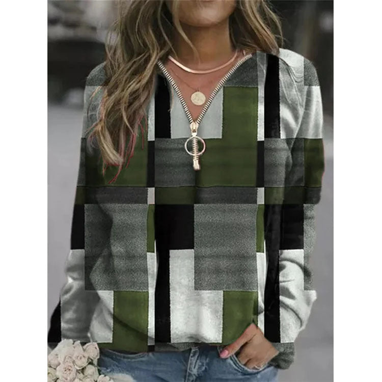 Women's Plaid Zip Long Sleeve Top Sweater