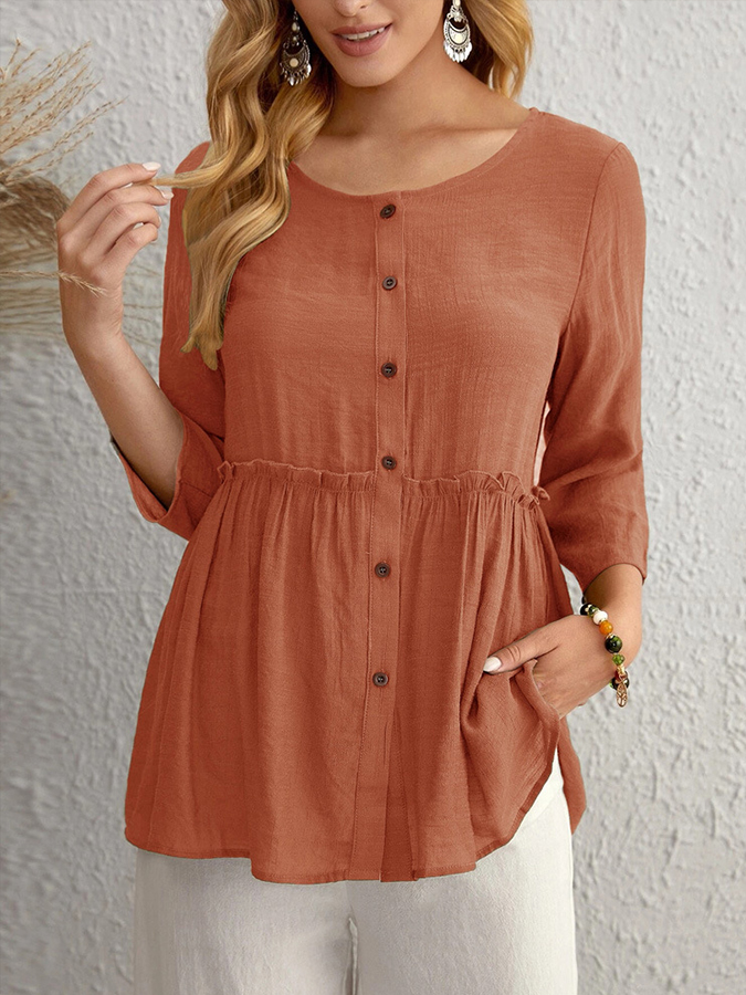 Ladies Cotton Linen Casual Round Neck Shirt