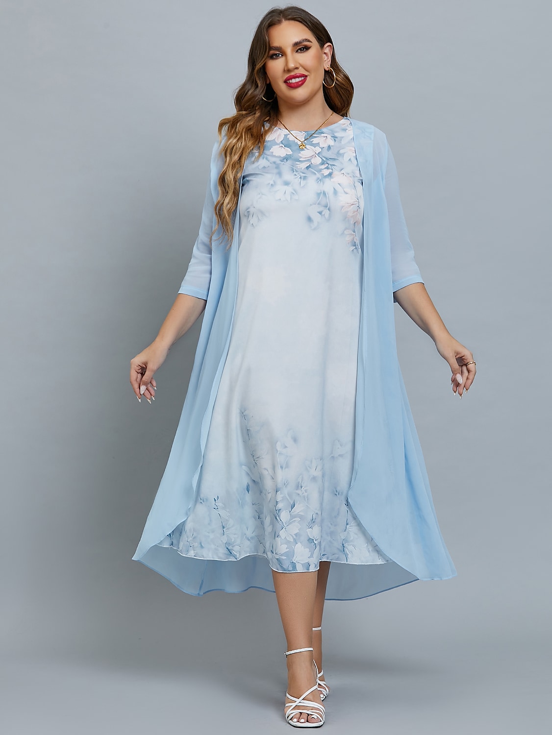 Women's Plus Size Curve Two Piece Dress Floral Round Neck Print 3/4 Length Sleeve Spring Summer Casual Knee Length Dress Causal Daily Dress