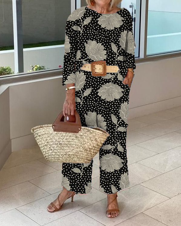 Big Flower Long Sleeve Top and Trousers Two-Piece Set