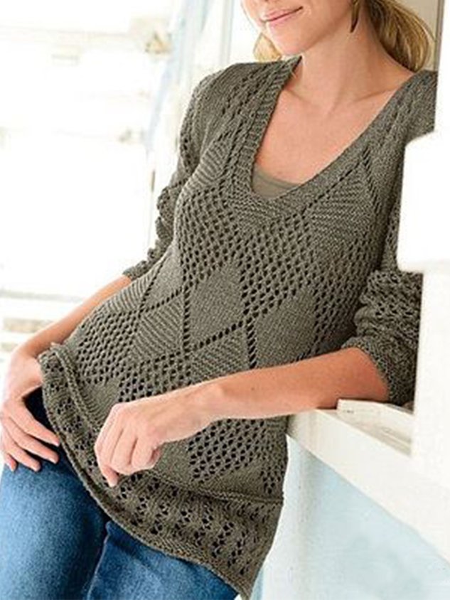 Casual Plain Autumn V neck Hollow out Regular Fit Regular H-Line Medium Elasticity Sweater for Women