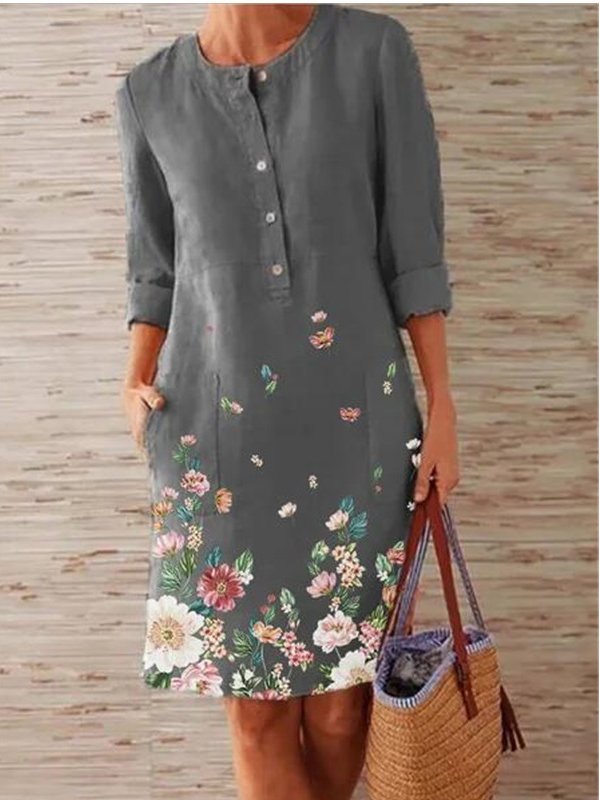 Women's Printed Crew Neck Mid Waist Dress