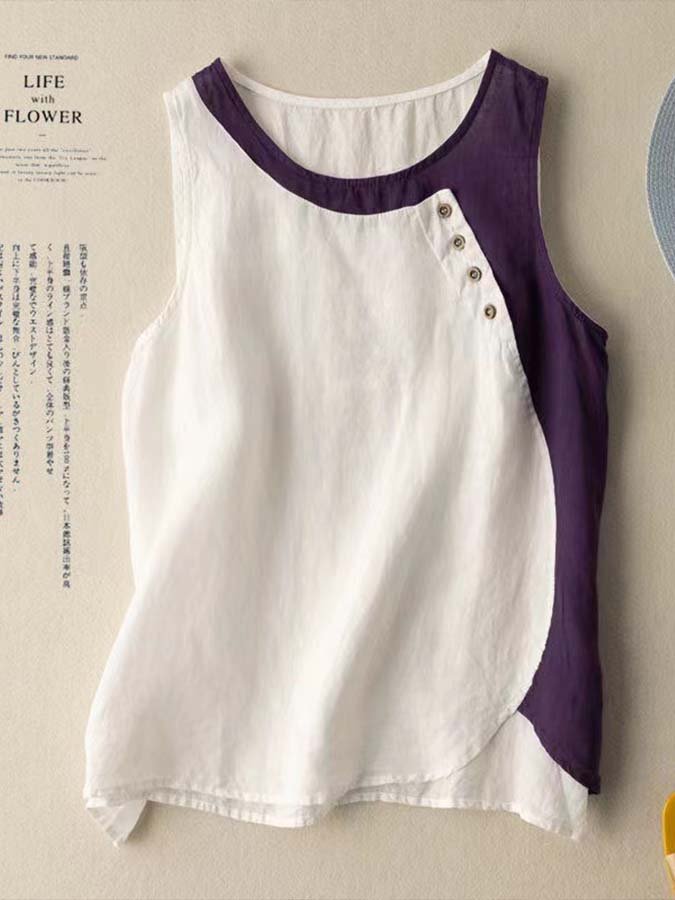 Women's Cotton Linen Colorblock Button Loose Sleeveless Top