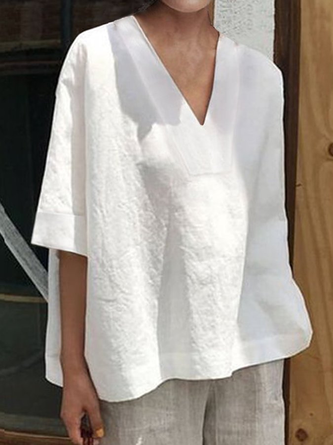 women's cotton linen loose v-neck top