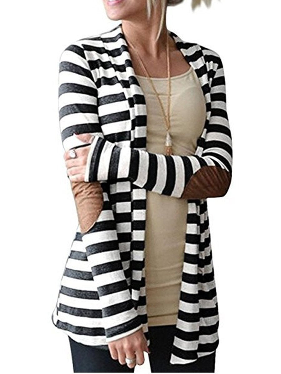 Slim Long Sleeves Striped Arm Patched Cardigan