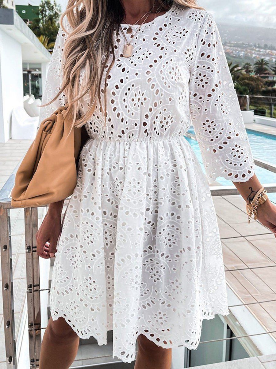 Women's Solid Color Lace Hollow Waist Dress