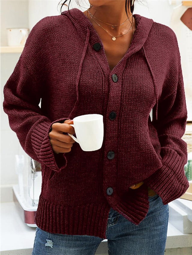 Women's Sweater Cardigan Jumper Knit Knitted Solid Color Hooded Stylish Home Going out Fall Winter Regular Fit