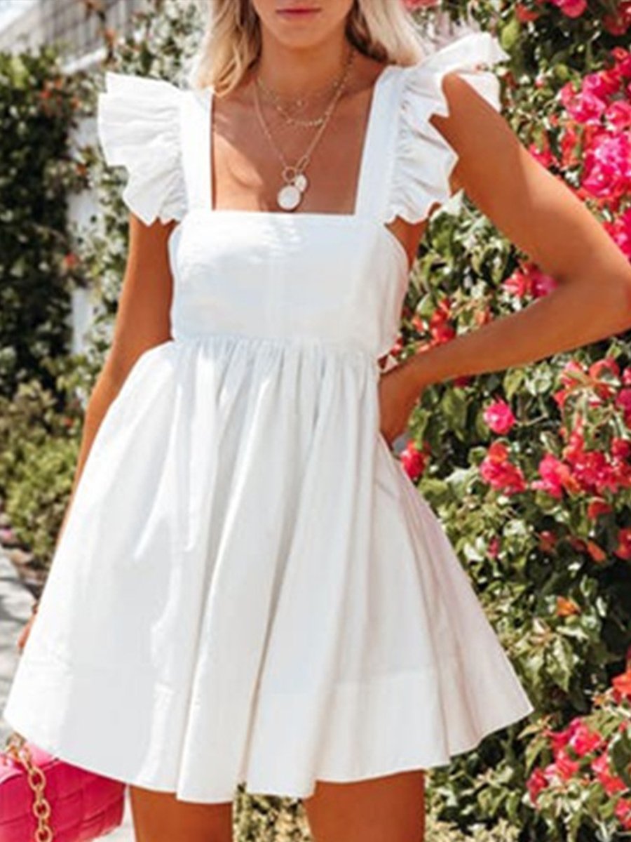 Women's Cute Doll Collar Waistless Back Bow Knot Cotton Linen Skirt