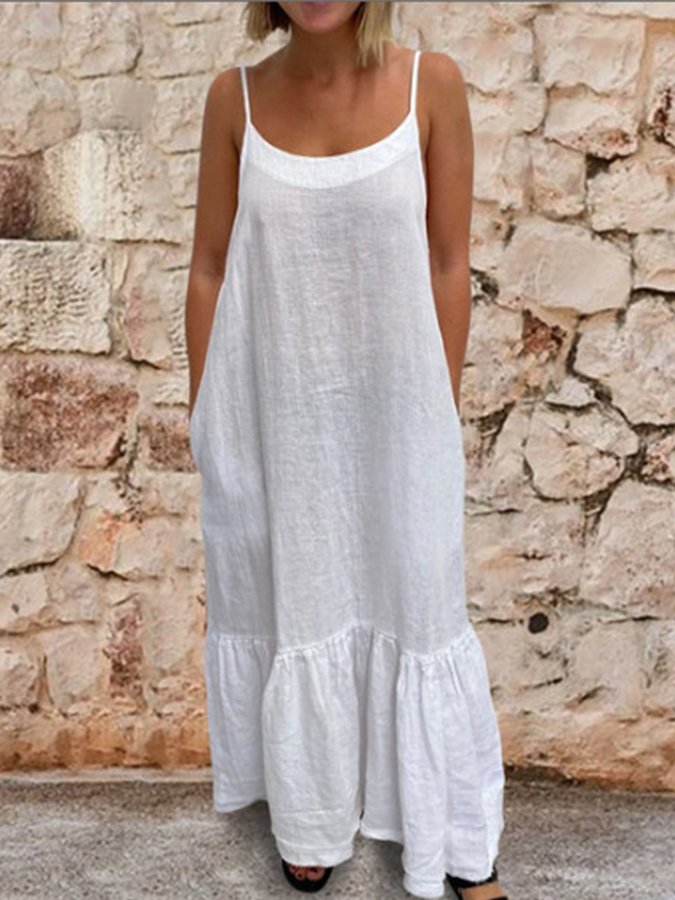 Ladies Cotton Linen Casual Loose Sling Dress
