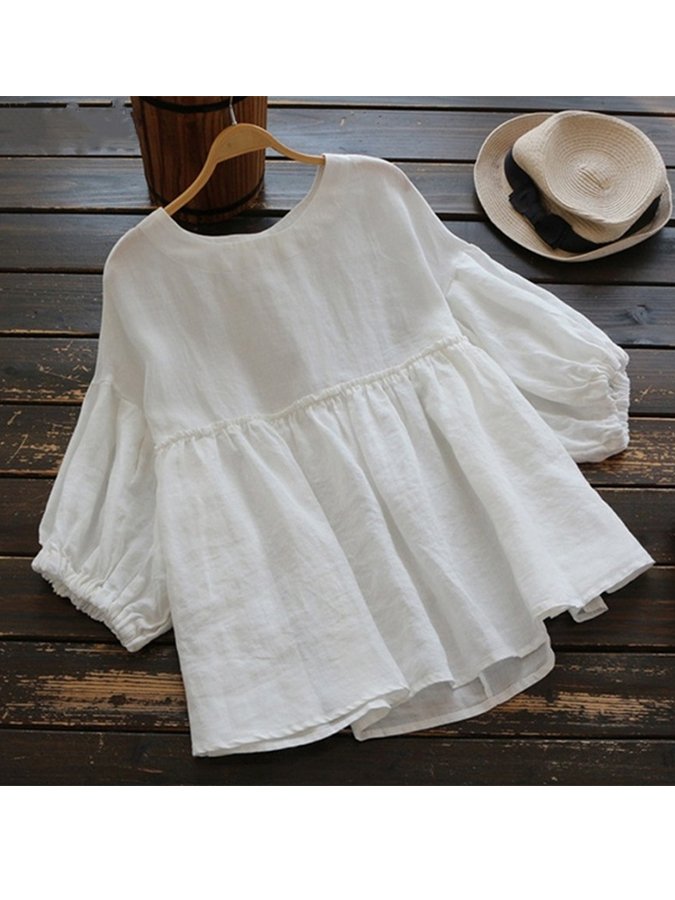 Women's cotton and linen five-quarter sleeve top