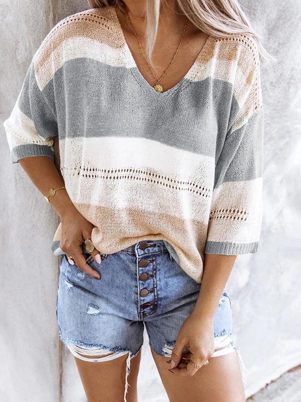 Striped Color Block Hollow Long Sleeved Sweater