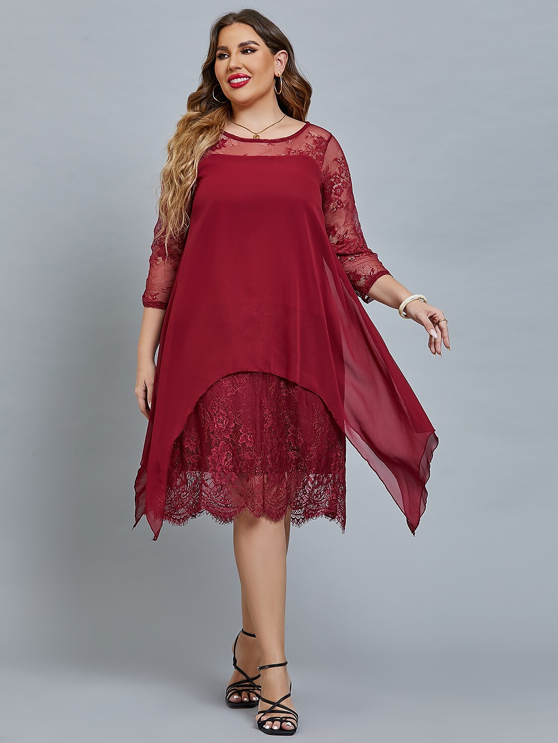 Women's Plus Size Curve Party Dress Floral Crew Neck Lace 3/4 Length Sleeve Winter Fall Elegant Prom Dress Midi Dress Party Cocktail Dress Dress / Lace Dress / Mesh