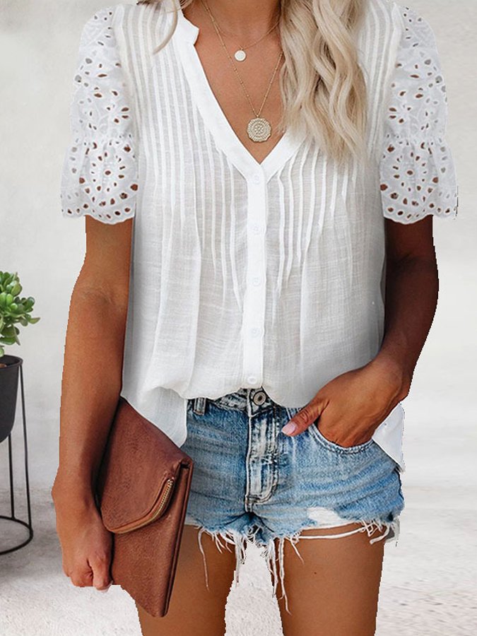 Solid V-neck Pleated Lace Short Sleeve Top