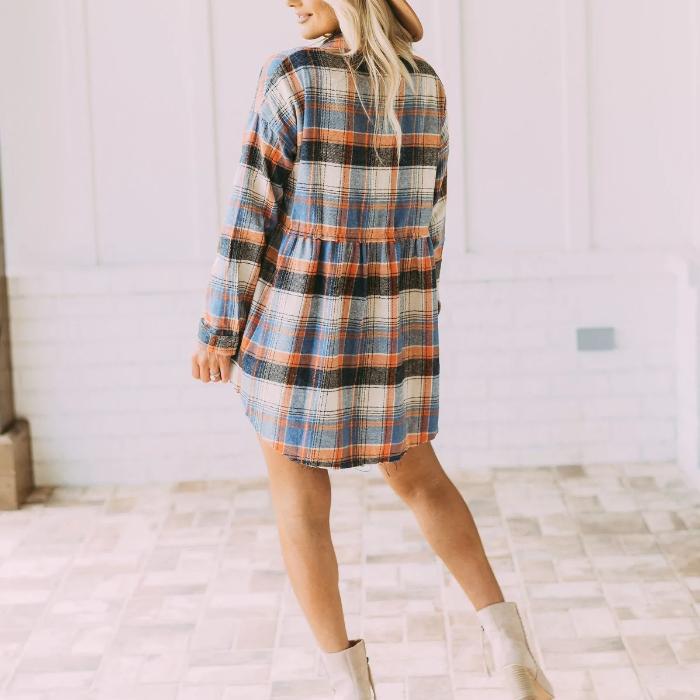 Fashion plaid print buttons collar women shirt