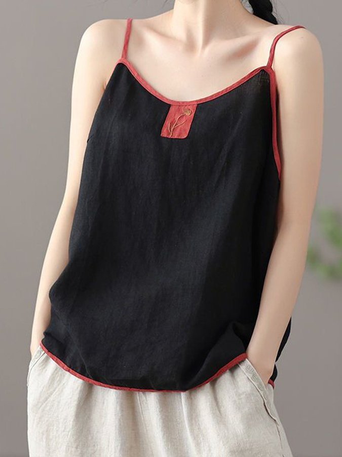 Women's Cotton Linen Embroidered Colorblock Loose Sling Top