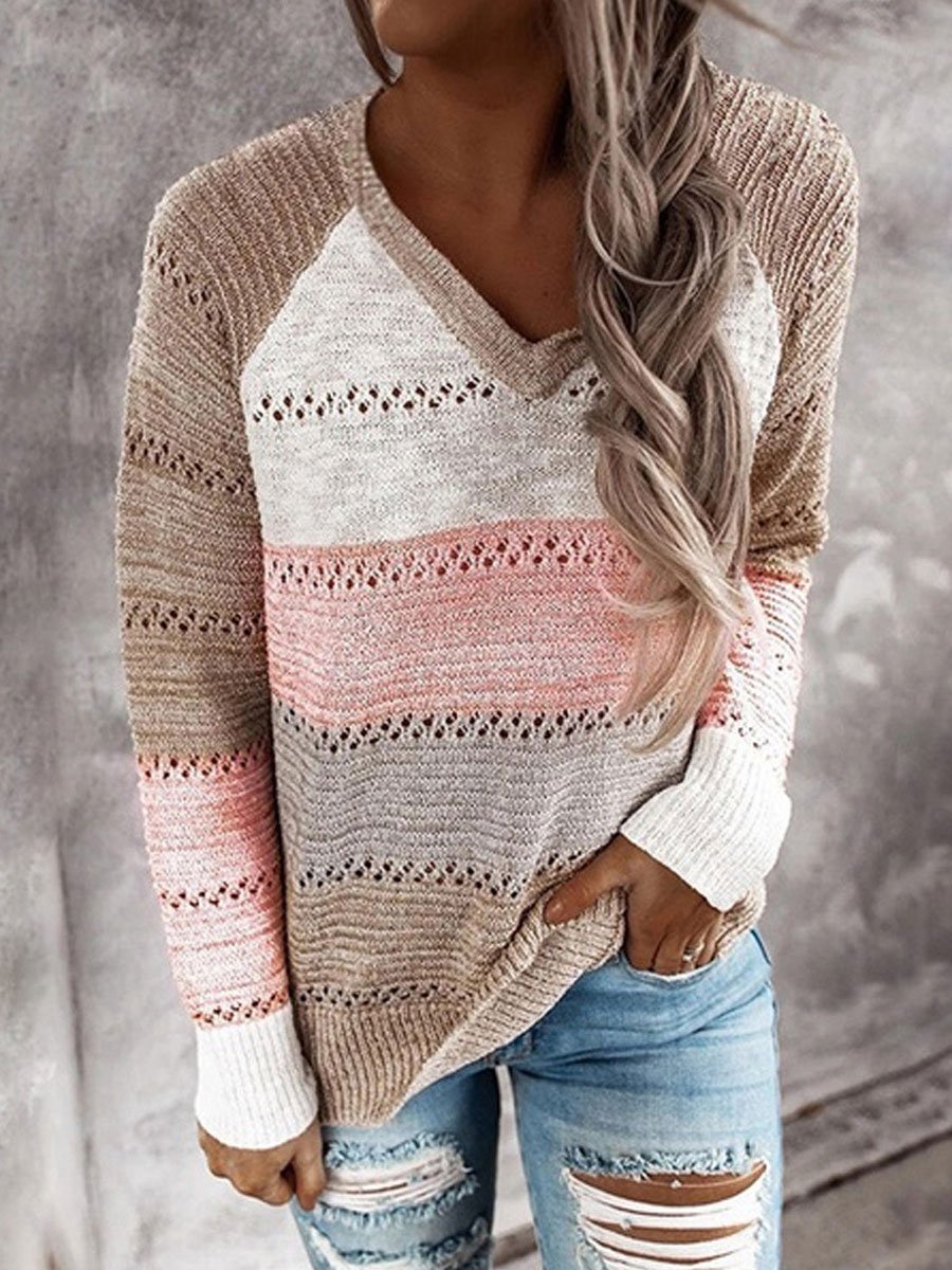 V-neck long sleeve color block sweater
