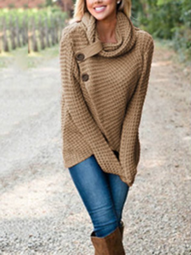 Solid Buttoned Long Sleeve Knitted Turtle Neck Sweater