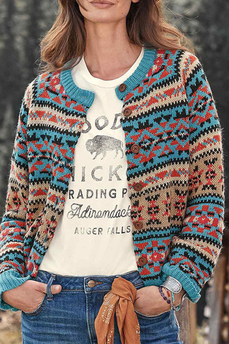 Fair Isle Contrast Geometric Jacquard Sweater Cardigan