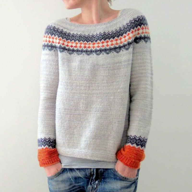 Vintage Crew Neck Ethnic Woven Contrast Sweater