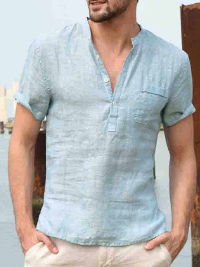 Men's Stand Collar Cotton Linen Short Sleeve Shirt