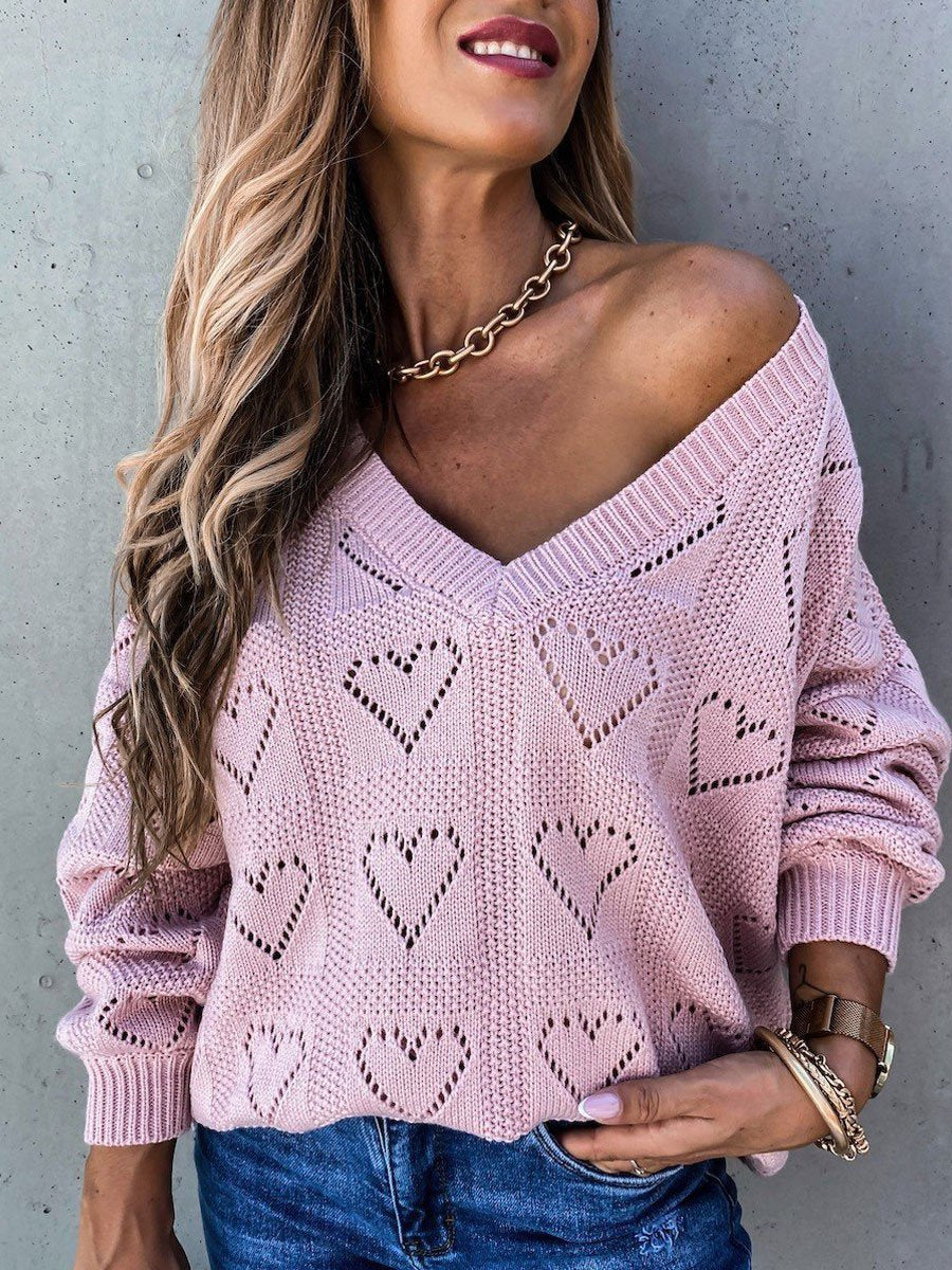 Solid color V-neck heart-shaped hollow loose knit sweater