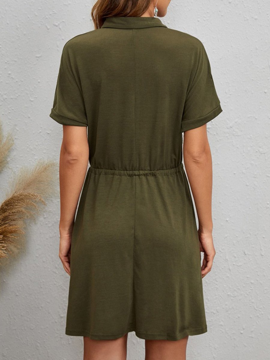 Women's Solid Color Shirt Collar Drawstring Waist Cotton Linen Dress
