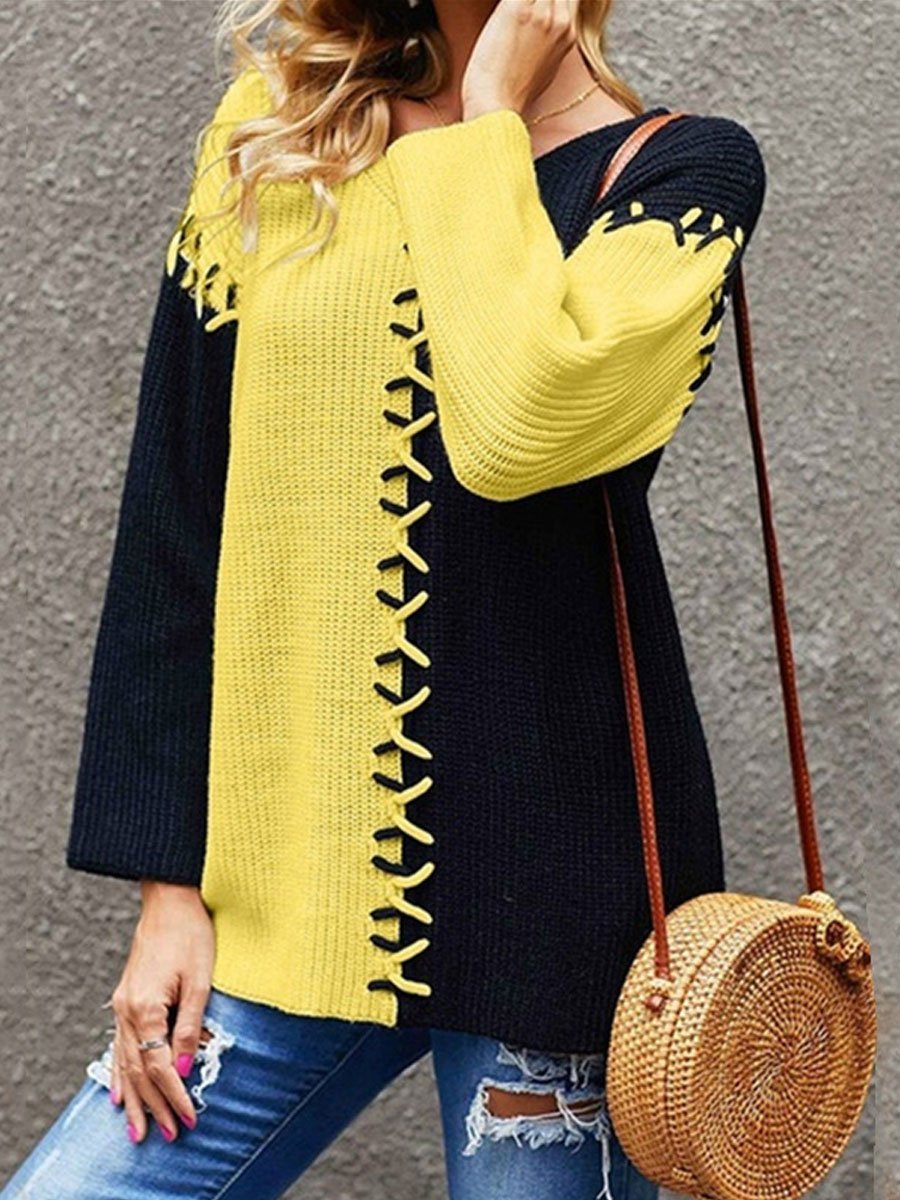 Contrast patch panel long-sleeved knitted sweater