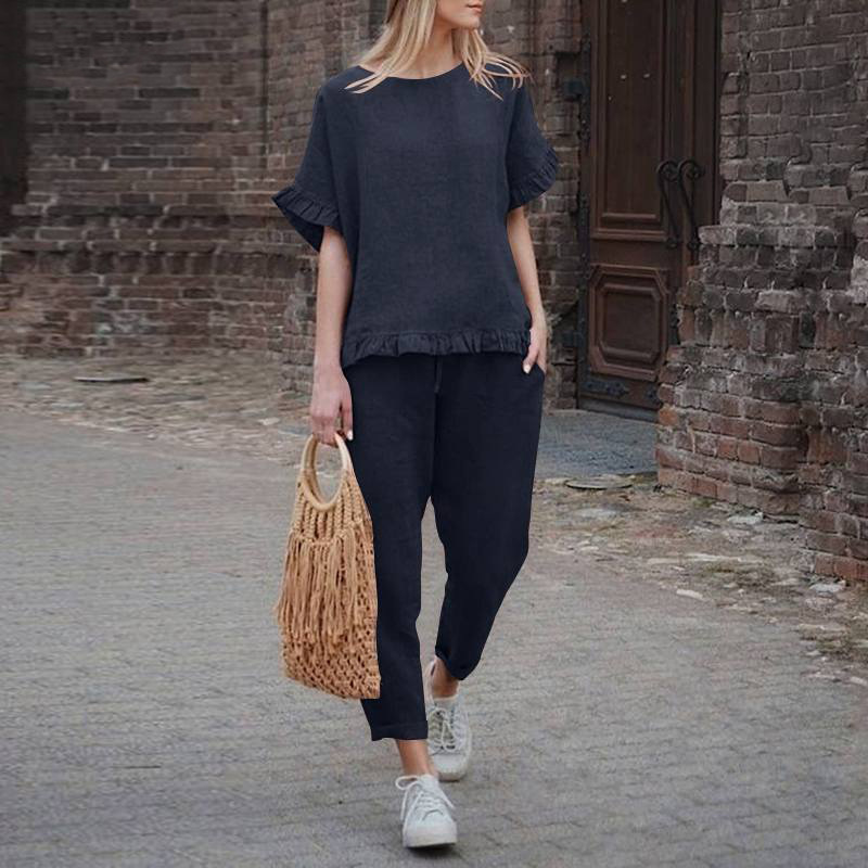 Cotton and linen short sleeve top + trousers loose fitting suit