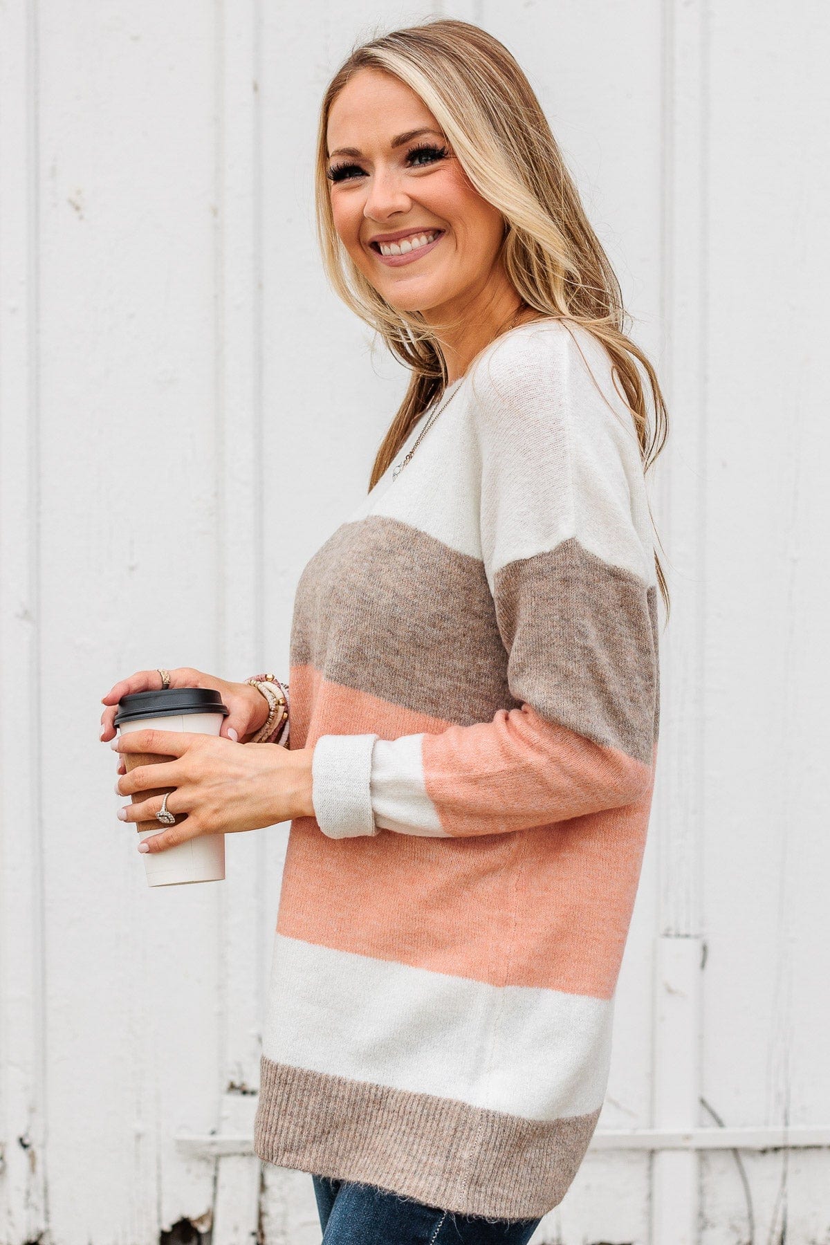 Unleash Your Shine Color Block Sweater- White, Mocha, & Pink