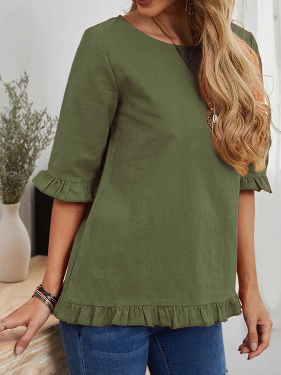 Women's Solid Color Pleated Cuff Sleeves Cotton Linen Top