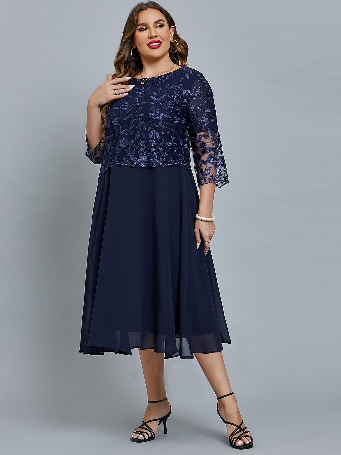 Women's Plus Size Curve Party Dress Floral Crew Neck Mesh 3/4 Length Sleeve Winter Fall Elegant Prom Dress Maxi long Dress Formal Party Dress / Lace
