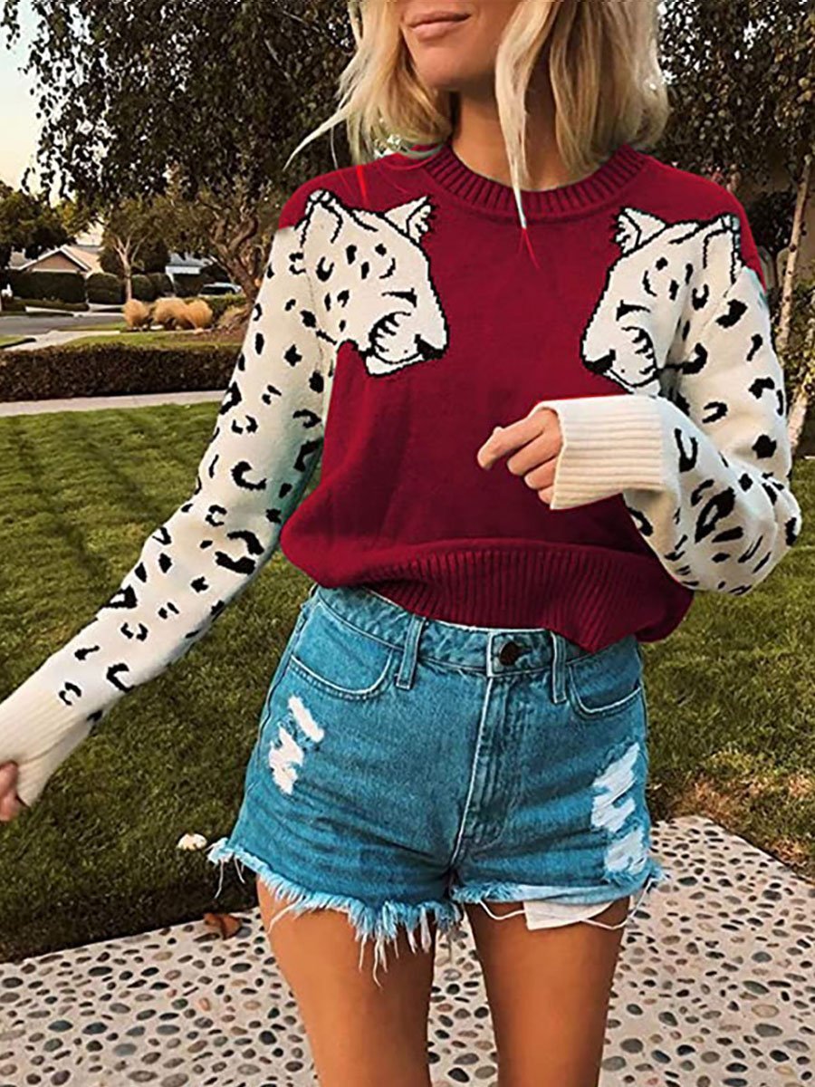 Two Leopard Head Color-block Sweaters