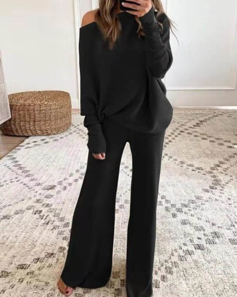 off-Shoulder Women's Knitted Blouse Pants Length Two-Piece Suit